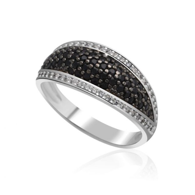 Zlatý dámský prsten DF 33 z bílého zlata, černé a bílé diamanty