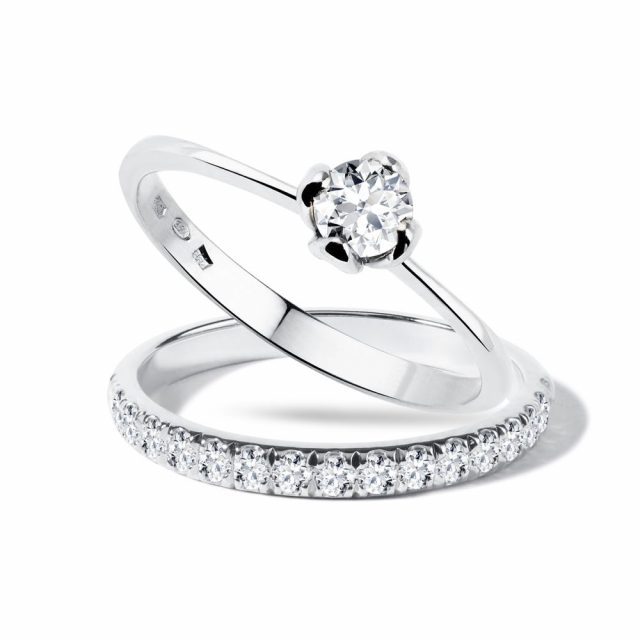 Snubní a zásnubní prsten s diamanty v bílém zlatě KLENOTA