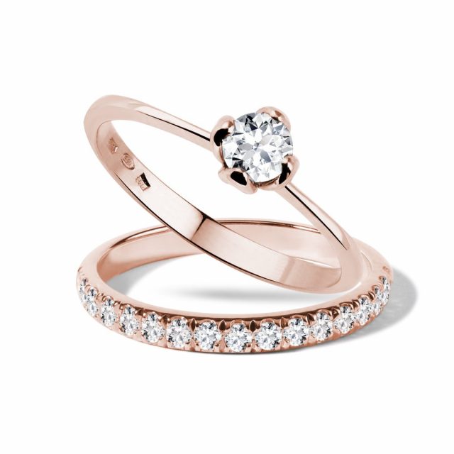 Snubní a zásnubní prsten s diamanty v růžovém zlatě KLENOTA