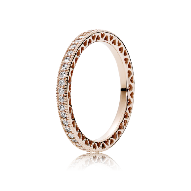 PANDORA prsten pozlacený 14-karátovým růžovým zlatem Srdce PANDORA 180963CZ