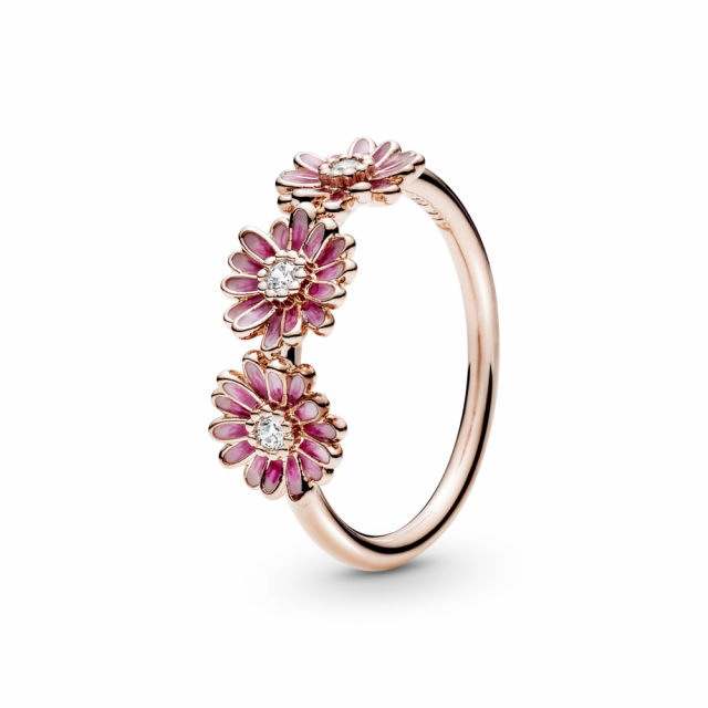 PANDORA prsten pozlacený 14-karátovým růžovým zlatem Trojice růžových sedmikrásek 188792C01