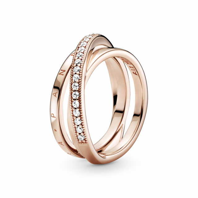 PANDORA prsten pozlacený 14-karátovým růžovým zlatem Překřížené tři pavé kroužky 189057C01