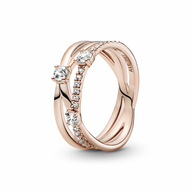 PANDORA Třpytivý prsten se třemi kroužky pozlacený 14-karátovým růžovým zlatem 189400C01