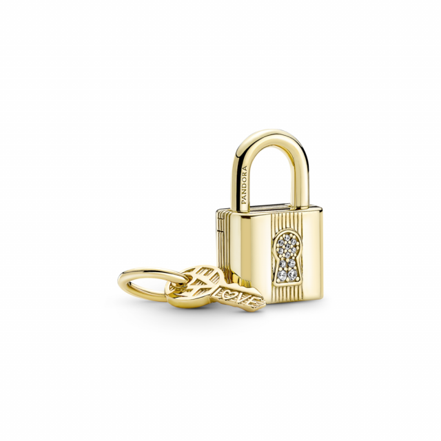 PANDORA přívěsek pozlacený 14-karátovým zlatem Visací zámek s klíčem 760088C01