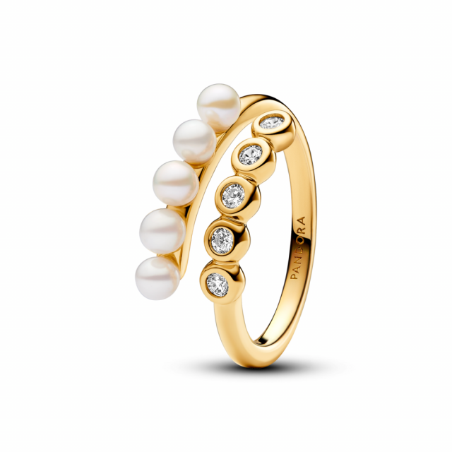 PANDORA Otevřený pozlacený prsten s upravenou kultivovanou sladkovodní perlou 163146C01