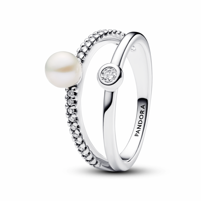 PANDORA Prsten se dvěma kroužky a upravená sladkovodní kultivovaná perla 193147C01