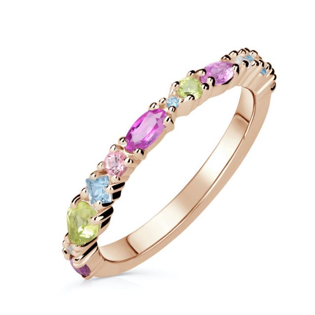 Zlatý dámský prsten DF 18 z růžového zlata, barevné kameny