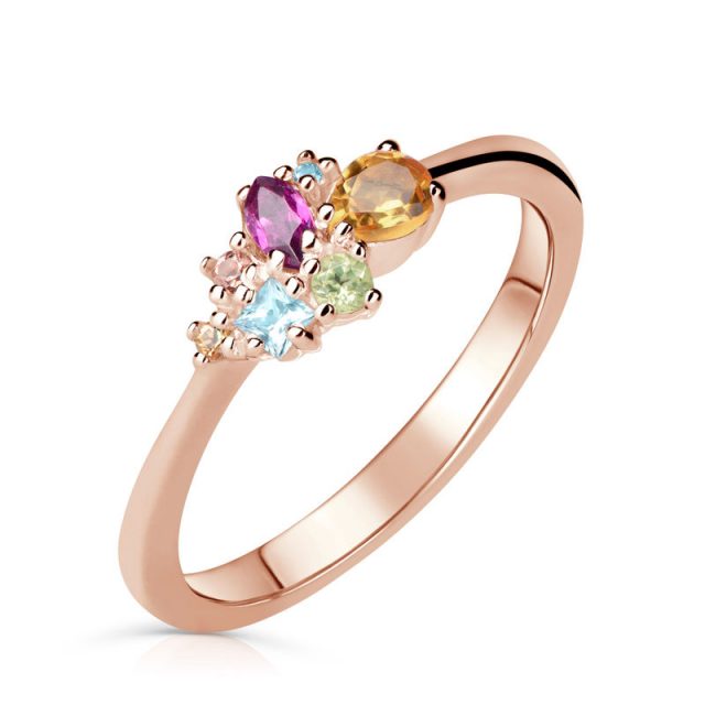 Zlatý dámský prsten DF  z růžového zlata, barevné kameny