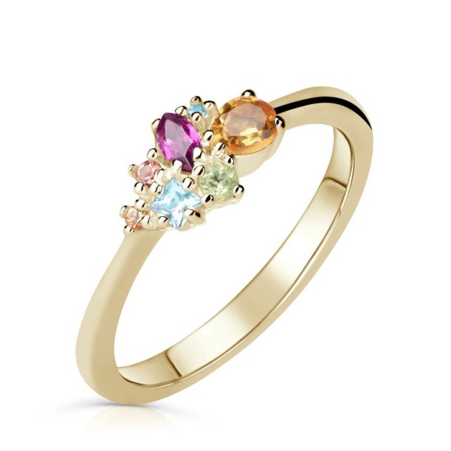 Zlatý dámský prsten DF  ze žlutého zlata, barevné kameny