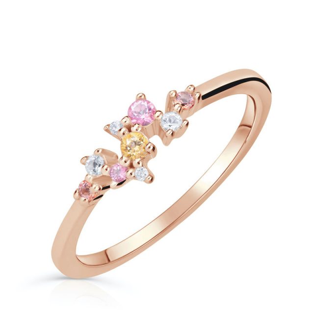 Zlatý dámský prsten DF 36 z růžového zlata, barevné kameny