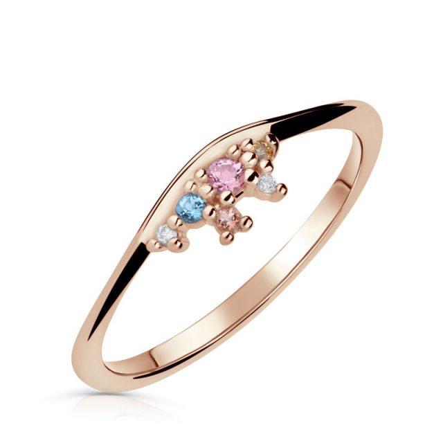 Zlatý dámský prsten DF 39 z růžového zlata, barevné kameny