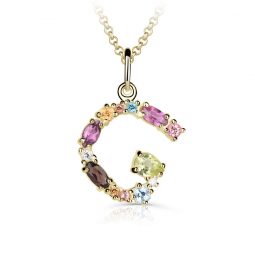 Zlatý přívěsek ve tvaru písmene G, DF 92, žluté zlato, barevné kameny