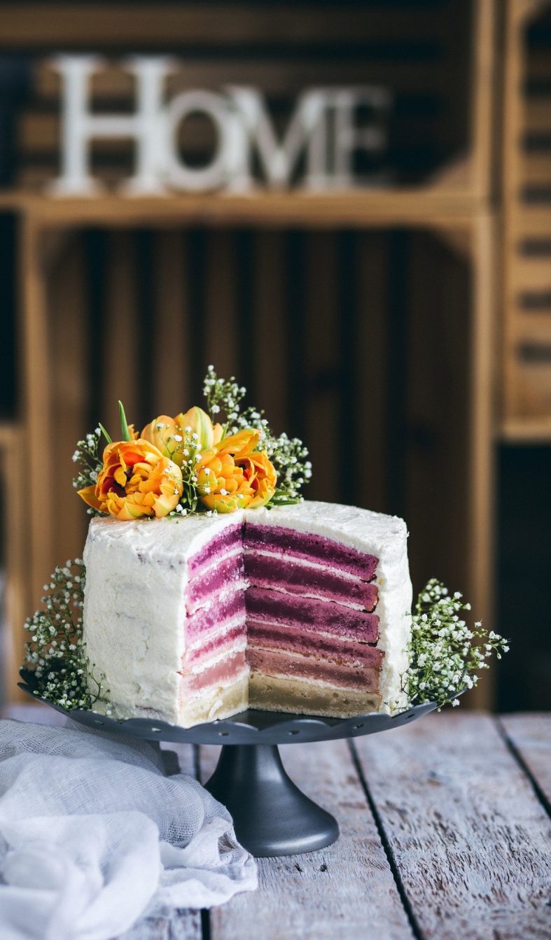 Bílý patrový dort s fialovou náplní